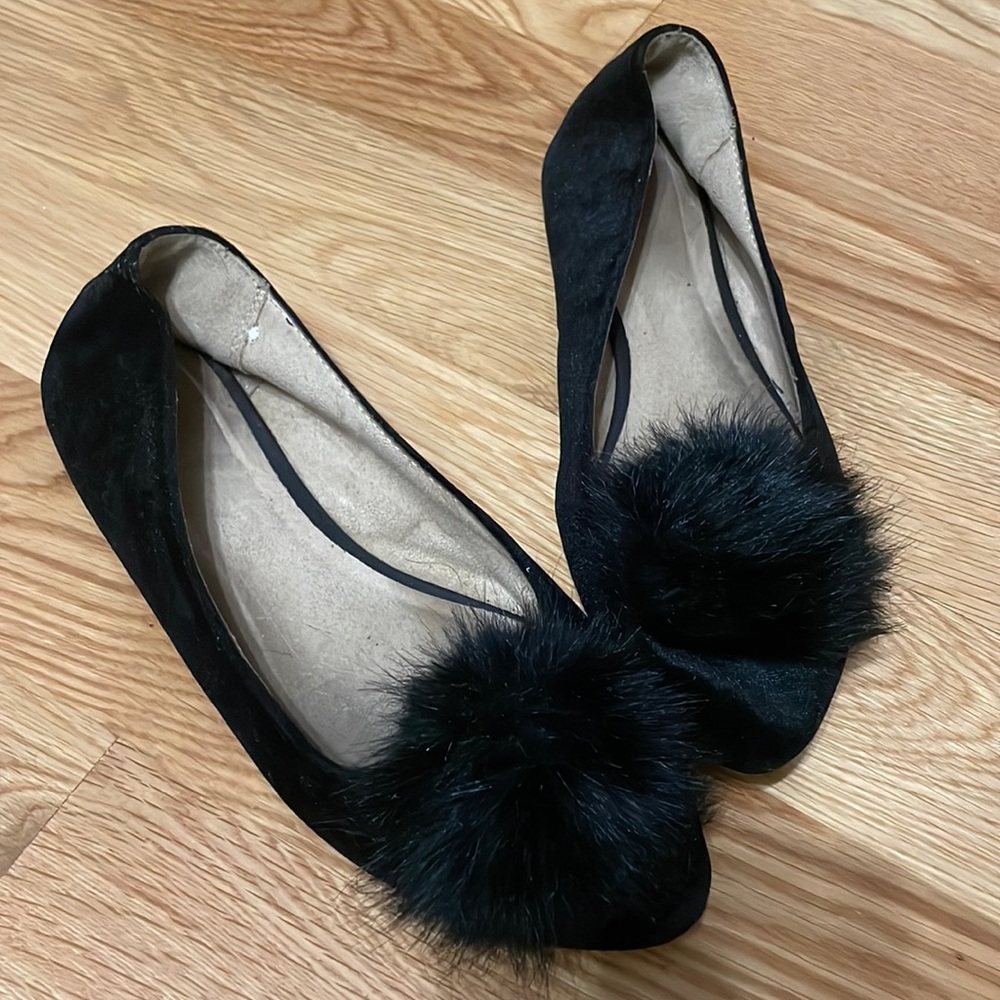 Black Velvet Pom Pom Ballet Flat Sz 9